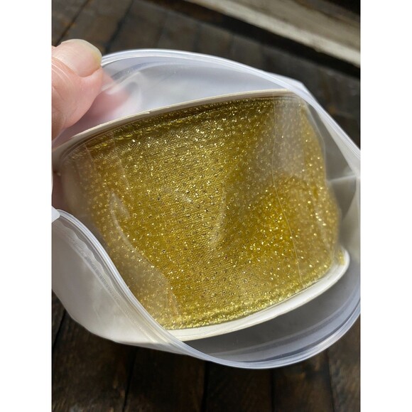 Gold Organza Sheer Ribbon With Glitter Polka Dots & Metallic Edge 2.5" X 10yd - Picture 1 of 3